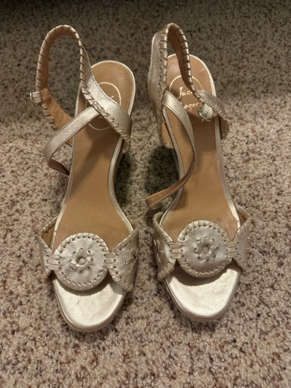 Gold Jack Roger’s Wedge Sandals with Decorative Medallion size 9